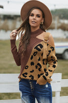 Dim Gray Leopard Color Block Turtleneck Sweater Shirts & Tops