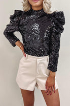 Dark Slate Gray Sequin Mock Neck Leg-Of-Mutton Sleeve Top Holiday