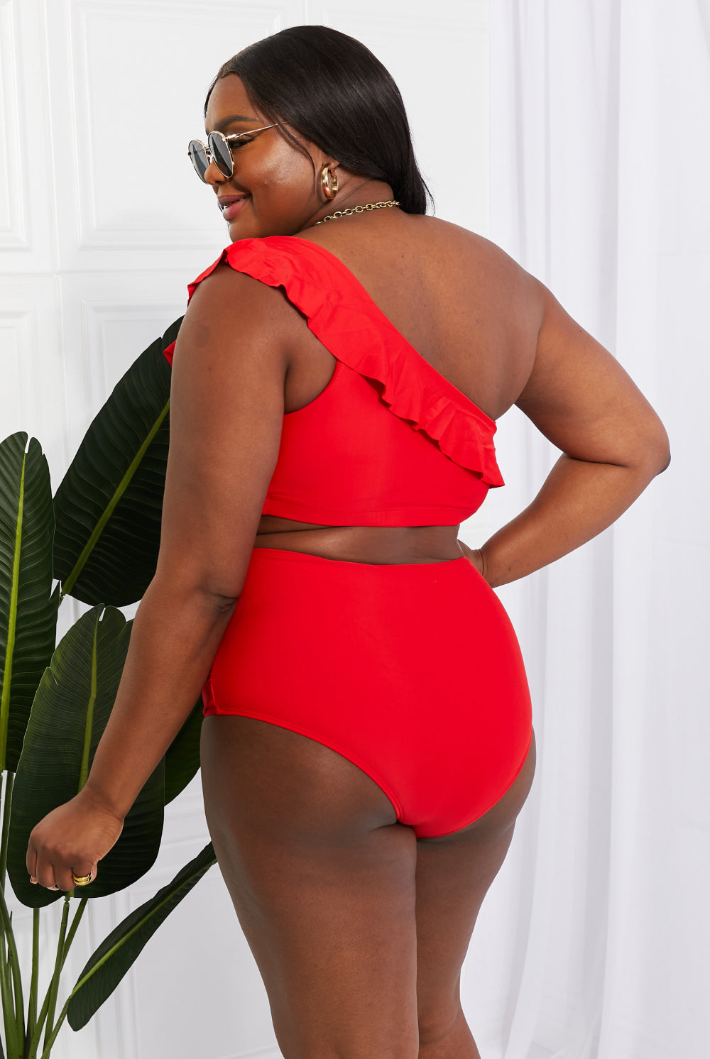 Dark Slate Gray Marina West Swim Seaside Romance Ruffle One-Shoulder Bikini in Red Swimwear