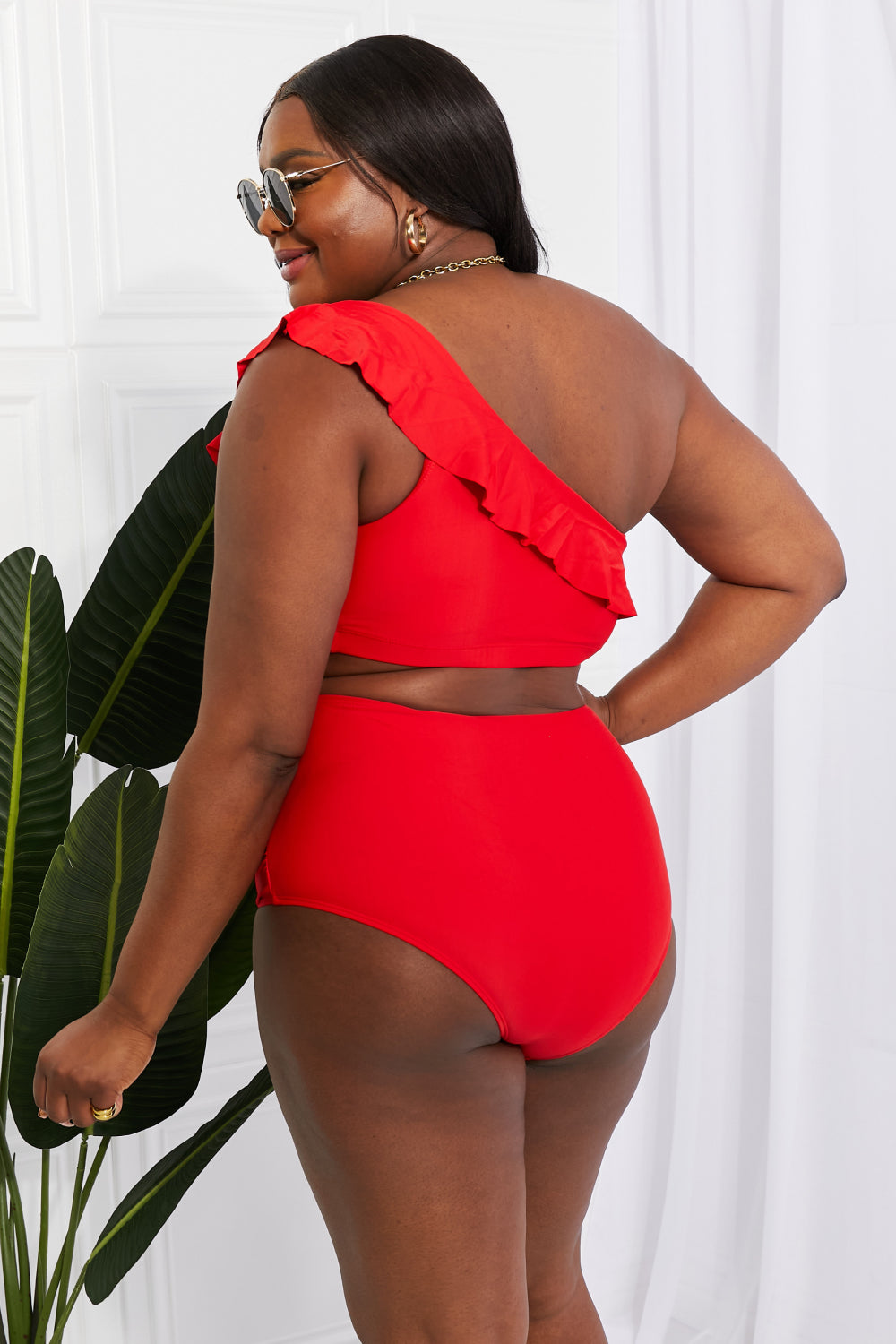 Dark Slate Gray Marina West Swim Seaside Romance Ruffle One-Shoulder Bikini in Red Swimwear