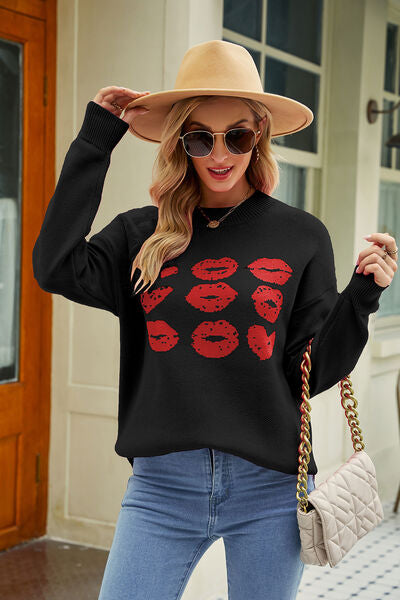 Dark Slate Gray Contrast Lip Pattern Round Neck Slit Sweater Clothing