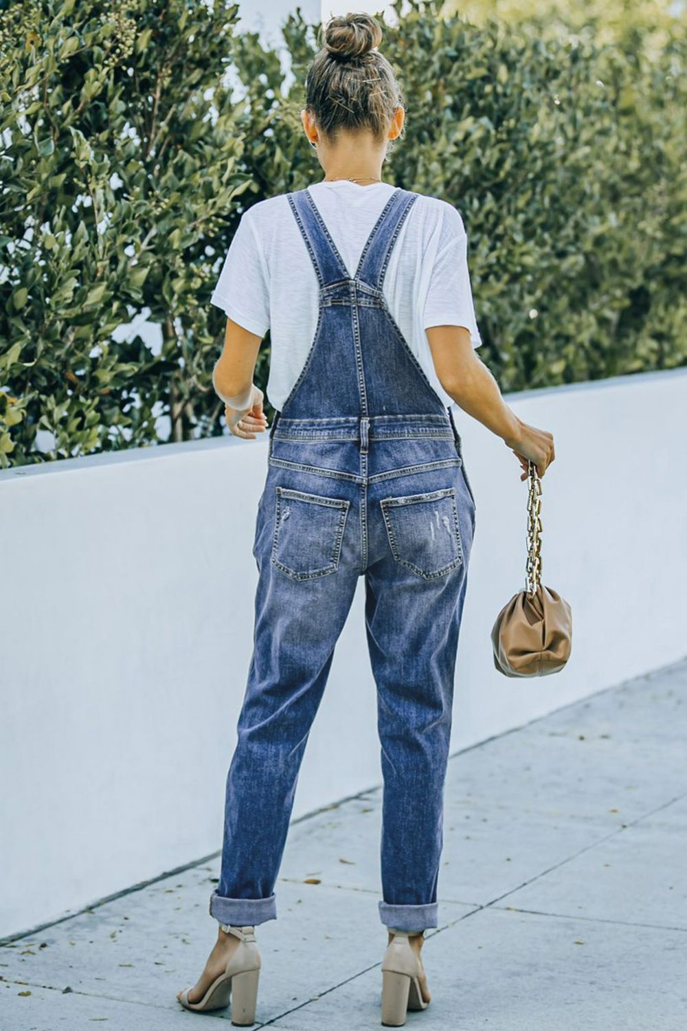 Gray Pocketed Distressed Denim Overalls Clothing