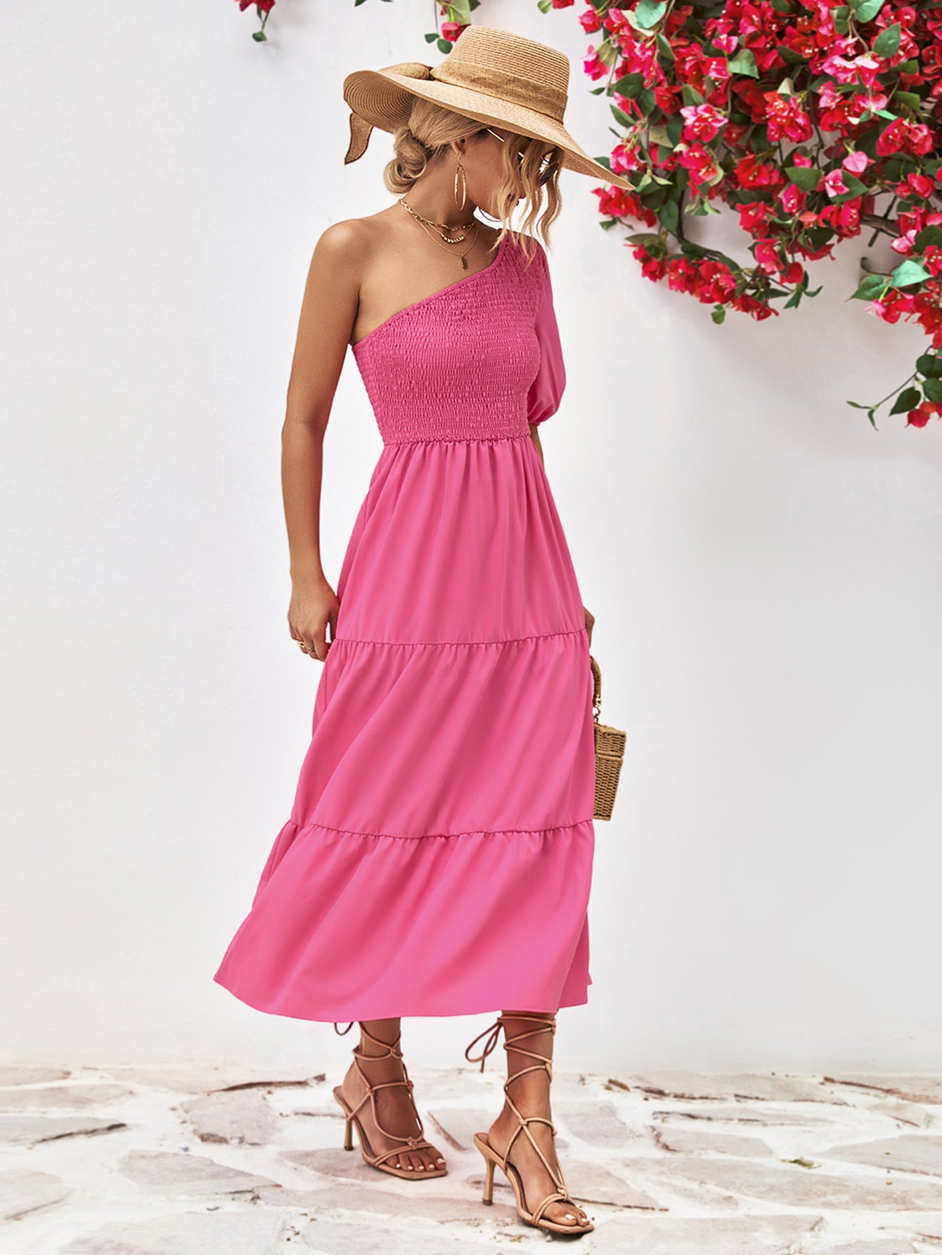 Maroon Smocked One-Shoulder Midi Dress Clothes