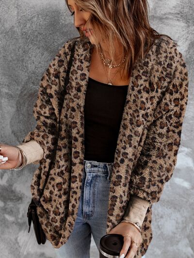 Dim Gray Leopard Open Front Hooded Jacket Trends