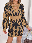 Rosy Brown Contrast Round Neck Cutout Long Sleeve Mini Sweater Dress Clothing