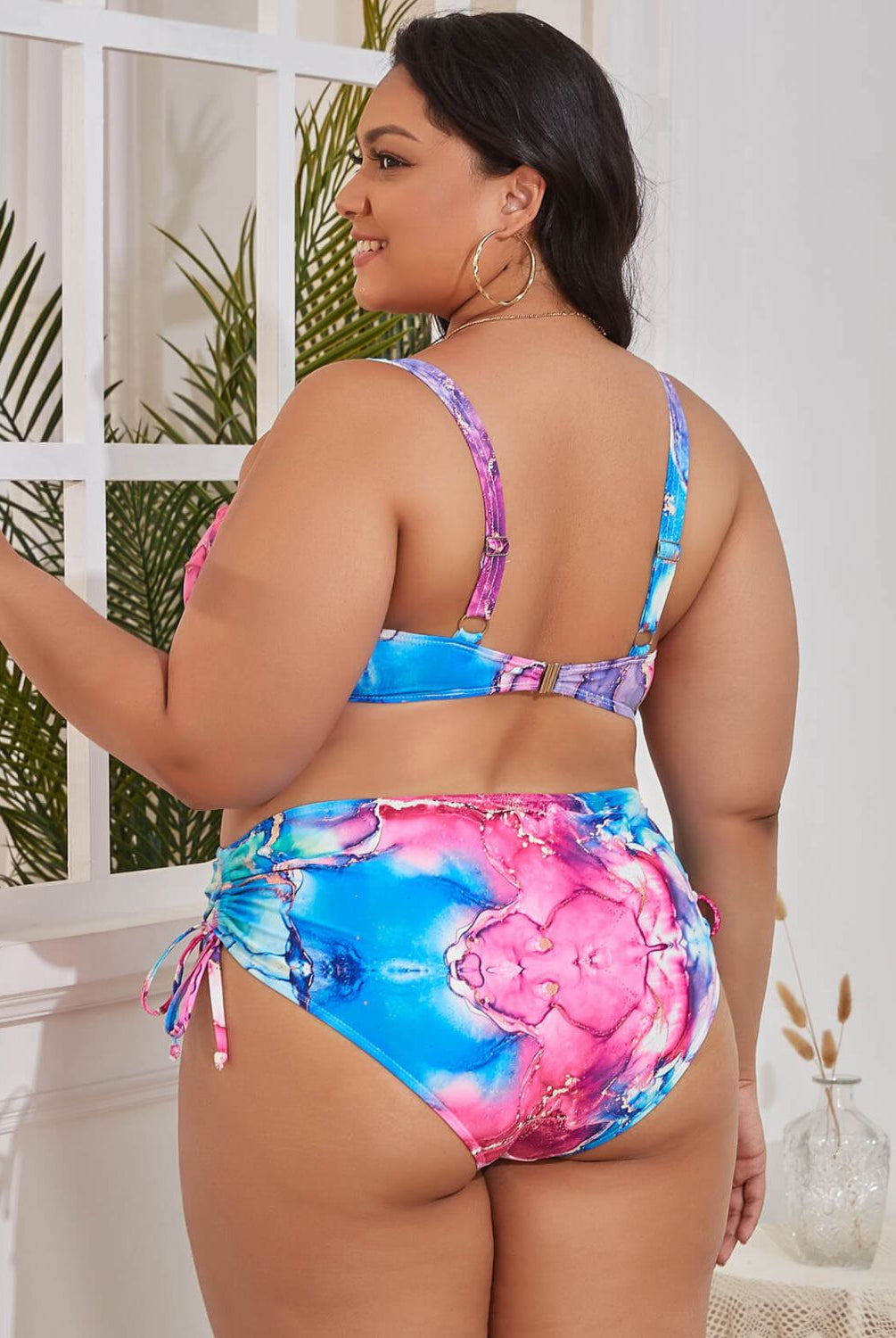 Tan Plus Size Printed Drawstring Detail Bikini Set Clothes
