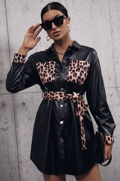 Black Tied Leopard Snap Down Trench Coat Trends