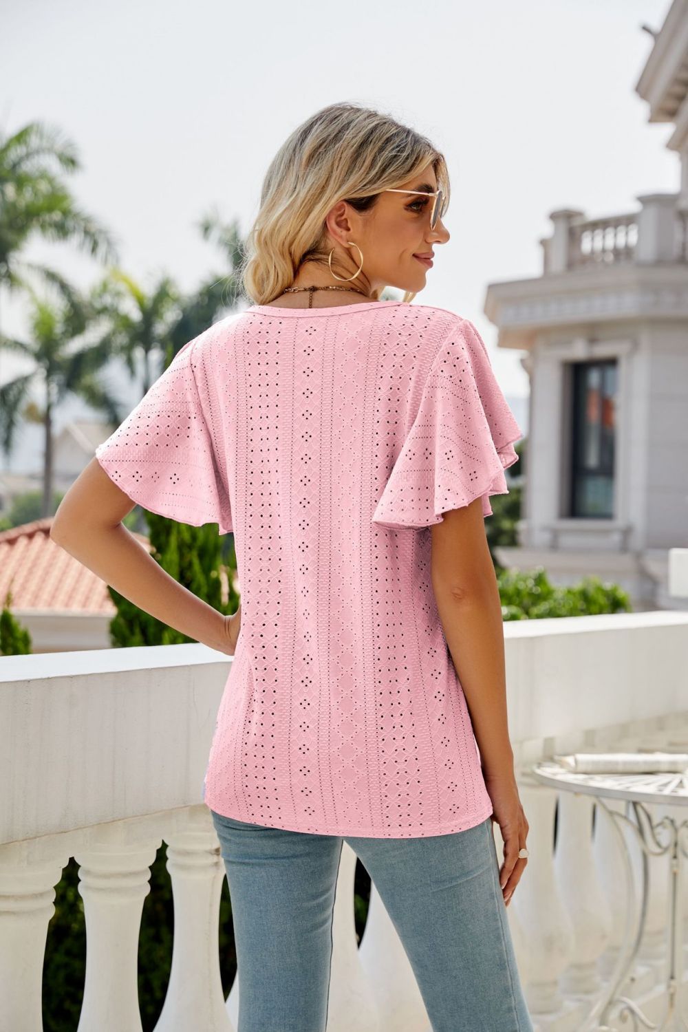 Light Gray Eyelet Flutter Sleeve Round Neck Top Tops