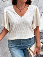 Gray Plus Size V-Neck Puff Sleeve Blouse Tops