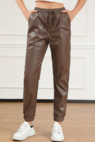 Light Gray Drawstring PU Leather Pants Clothes