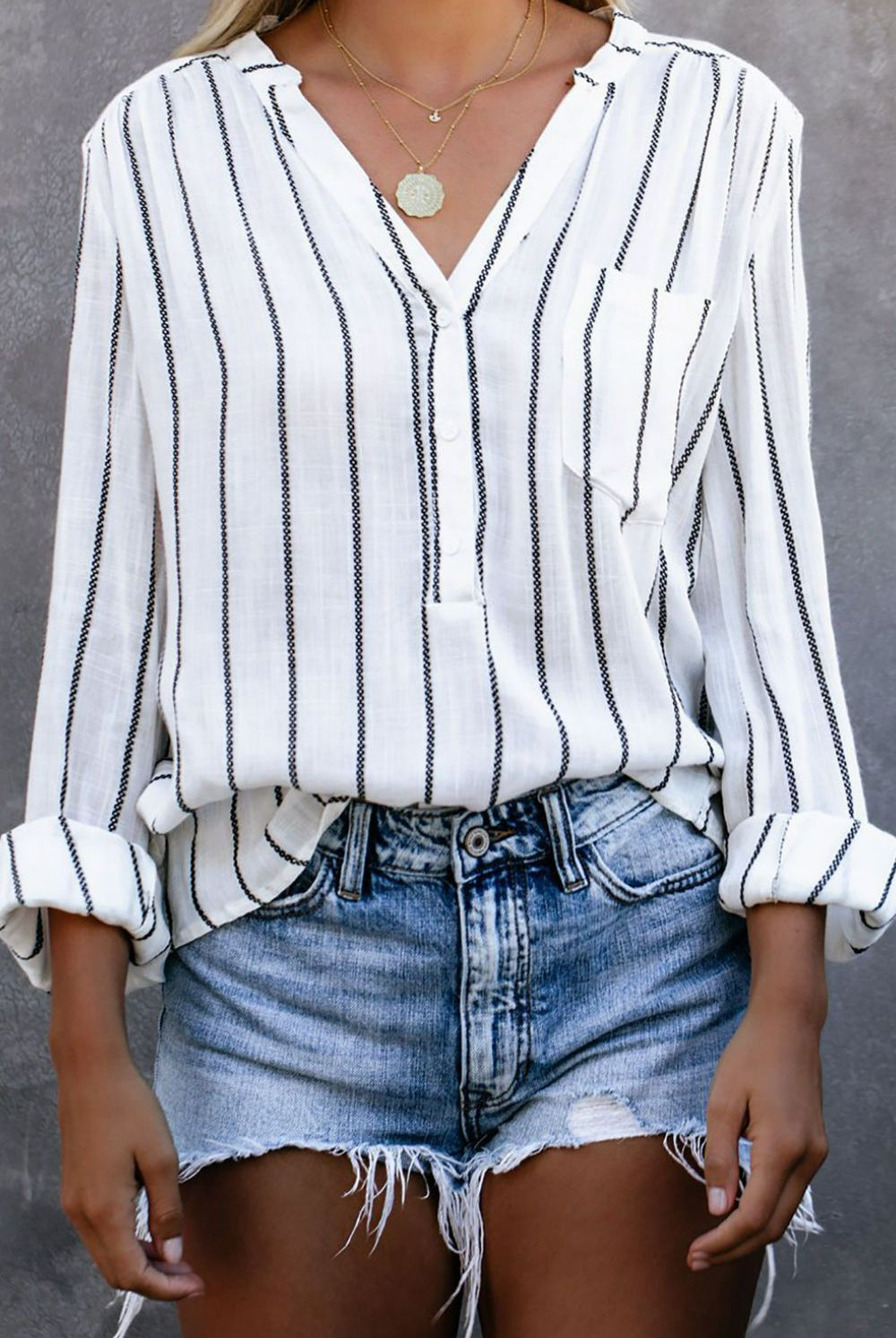 Light Gray Shine Through Striped V-Neck High-Low Shirt with Breast Pocket Shirts & Tops
