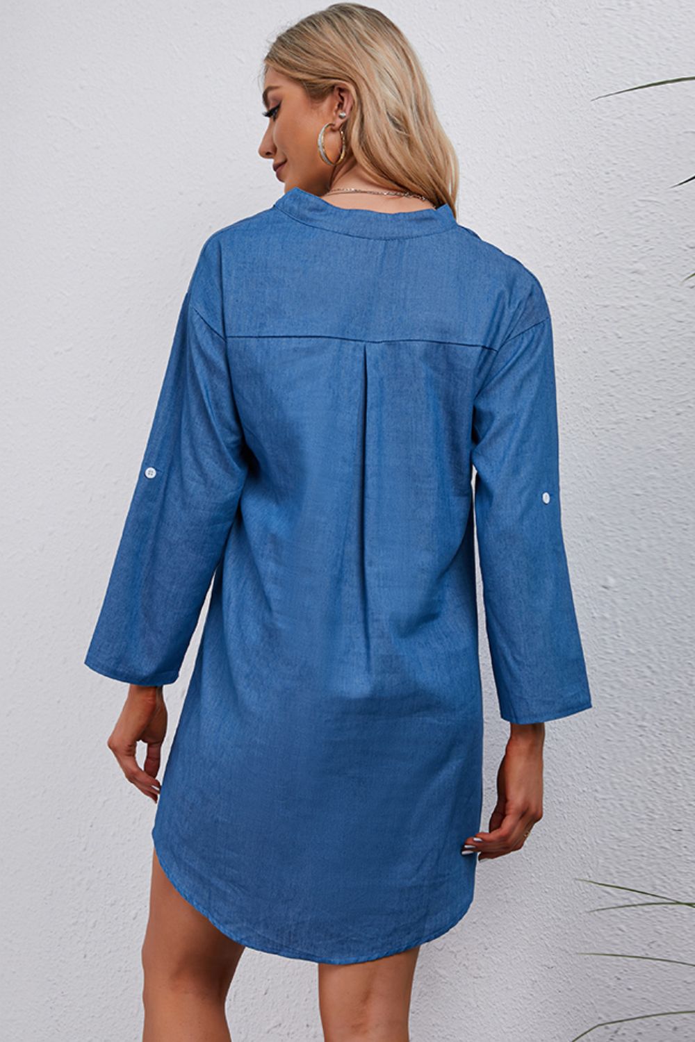 Light Gray Half-Button Notched Neck High-Low Denim Dress Denim