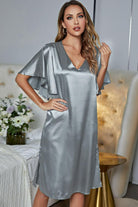 Light Slate Gray Satin Flutter Sleeve Side Slit V-Neck Night Dress Clothing