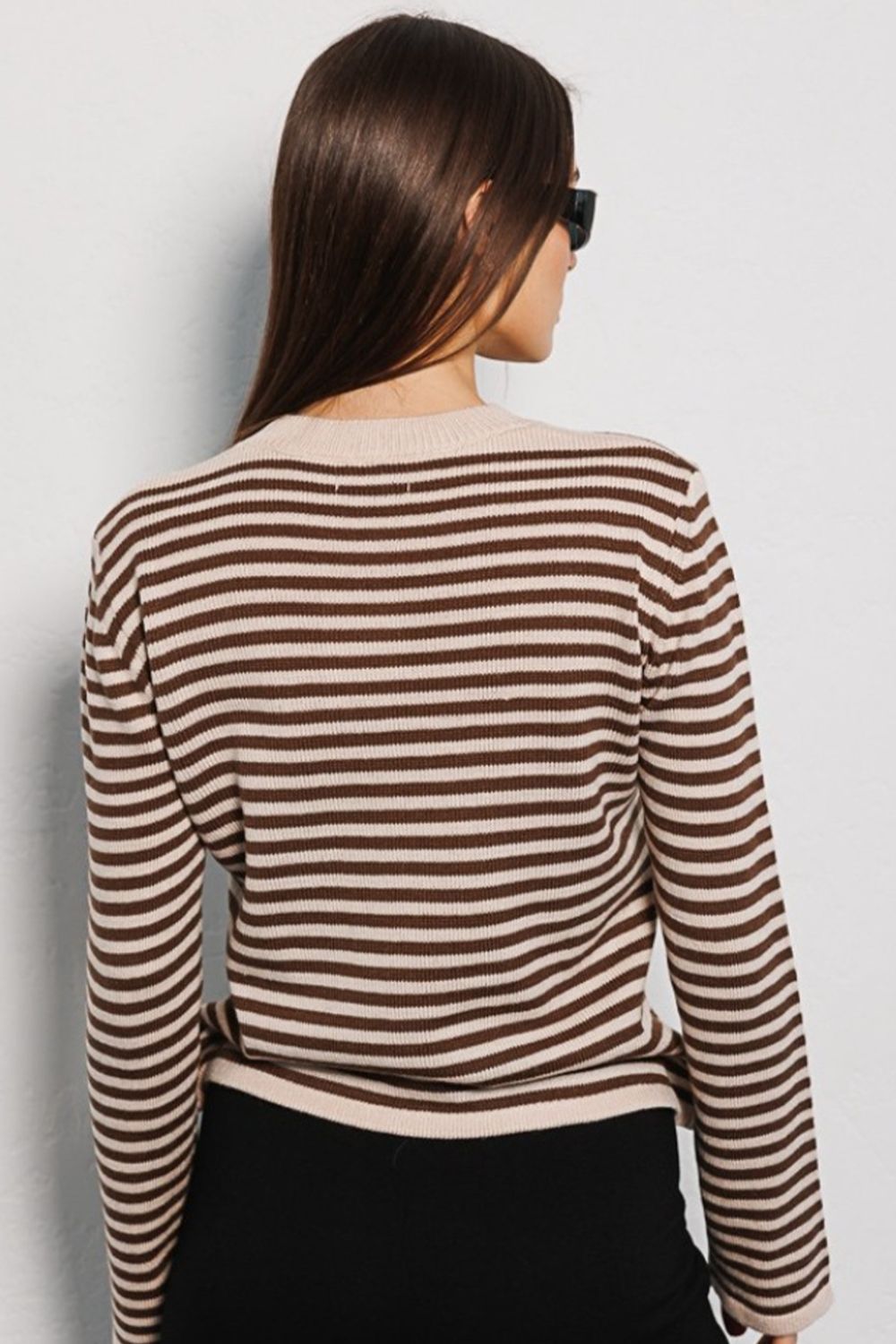 Black Striped Round Neck Long Sleeve Sweater Clothing