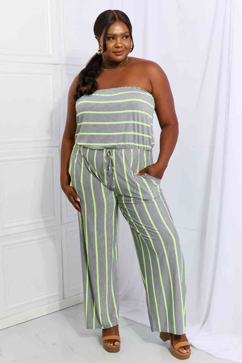 Light Gray Sew In Love Pop Of Color Full Size Sleeveless Striped Jumpsuit Clothing