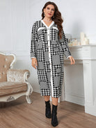 Gray Plus Size Houndstooth Button-Down Long Sleeve Dress Clothing
