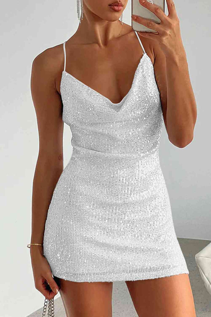 Light Gray Cowl Neck Contrast Sequin Sleeveless Mini Dress Holiday