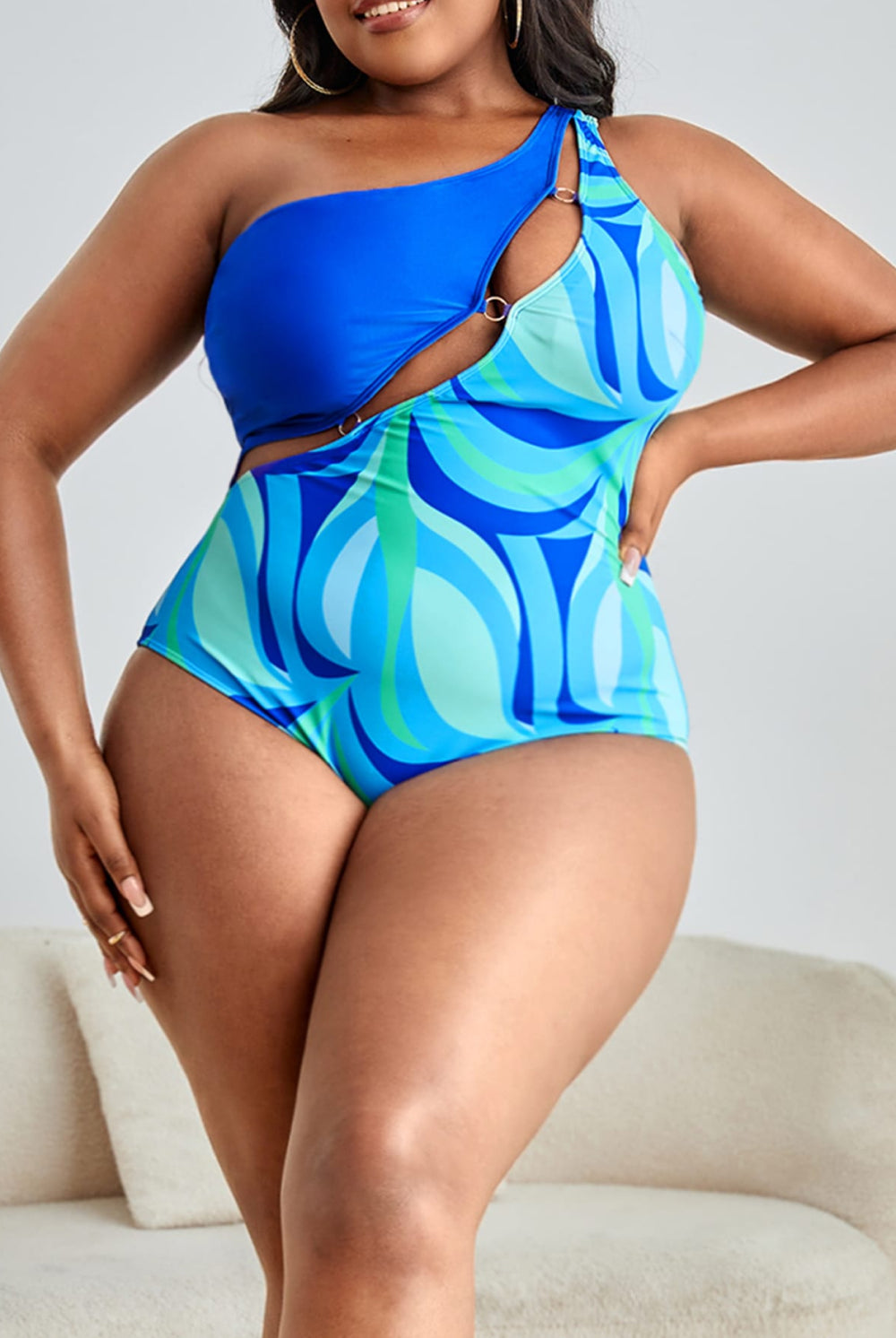Light Gray Groovy Baby Plus Size Printed Ring Detail One-Shoulder One-Piece Swimsuit Plus Size Swimsuits