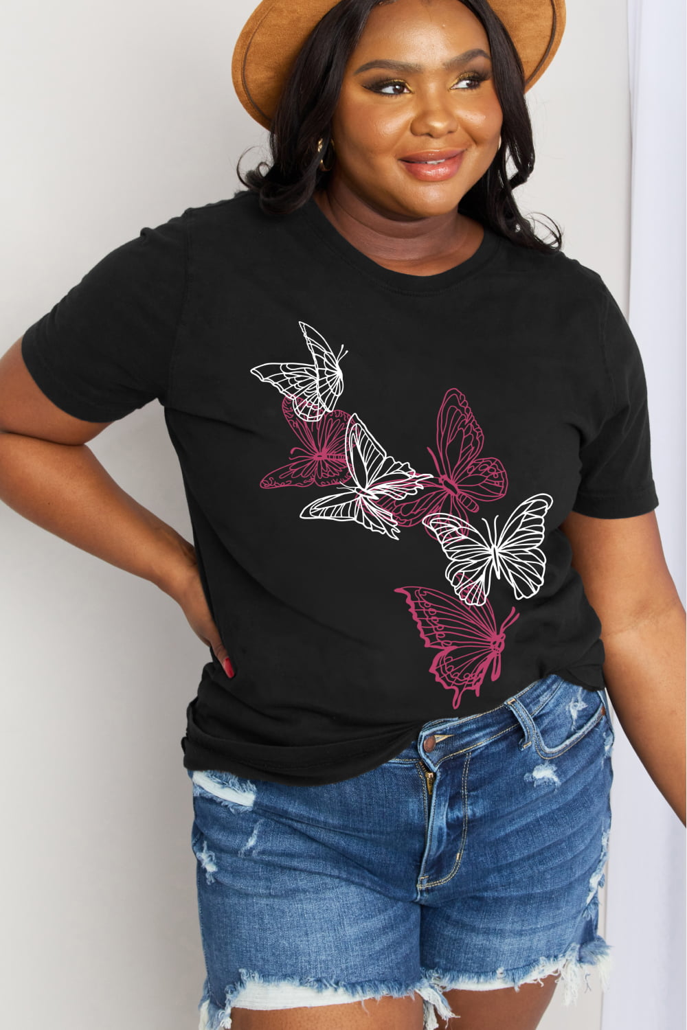 Light Gray Simply Love Full Size Butterfly Graphic Cotton Tee Tops