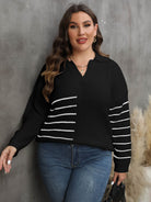 Dark Slate Gray Plus Size Striped V-Neck Sweater Clothing