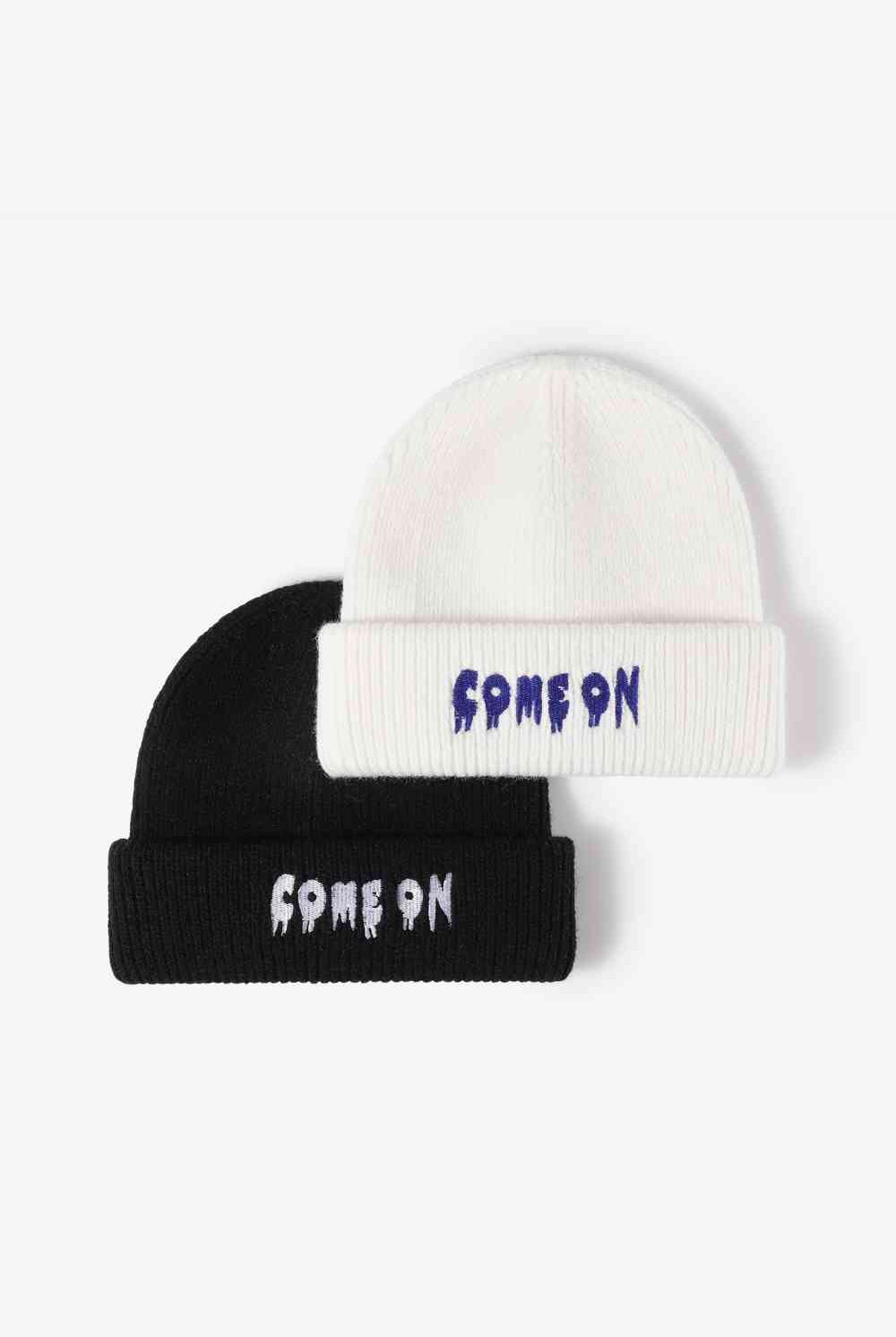 White Smoke COME ON Embroidered Cuff Knit Beanie Winter Accessories