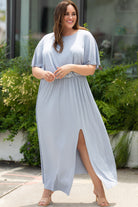 Gray Plus Size Round Neck Split Flutter Sleeve Maxi Dress Clothing