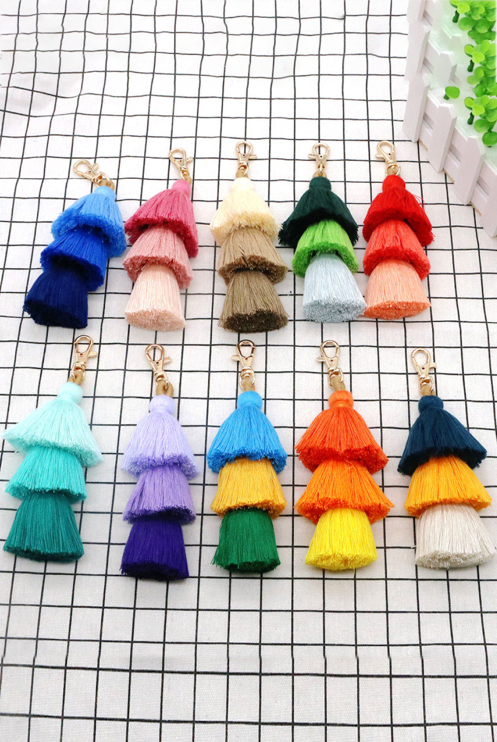 Light Gray Assorted 4-Pack Multicolored Fringe Keychain Key Chains