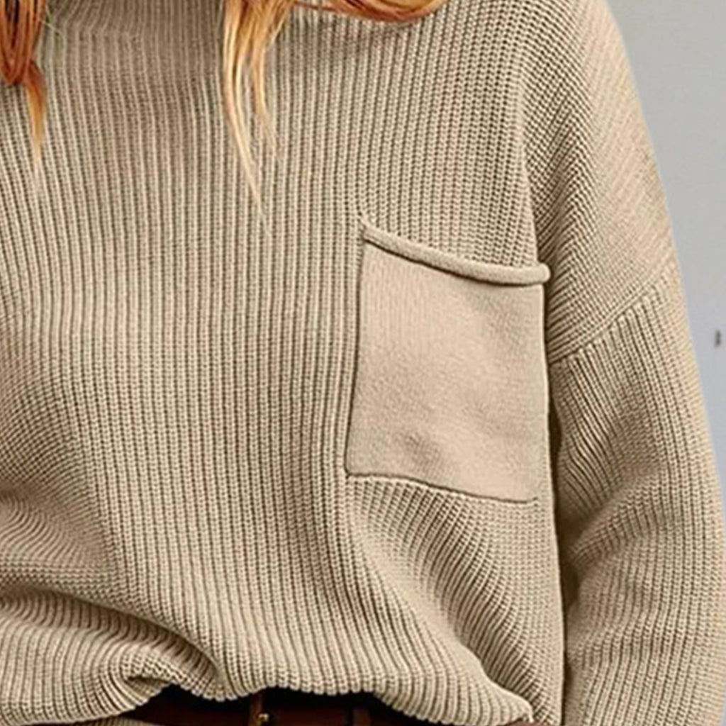Tan Rib-Knit Dropped Shoulder Sweater
