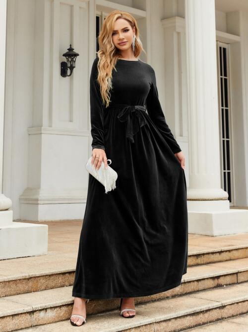 Gray Tie Front Round Neck Long Sleeve Maxi Dress New Year Looks