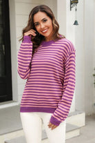 Gray Striped Round Neck Dropped Shoulder Sweater Capsule