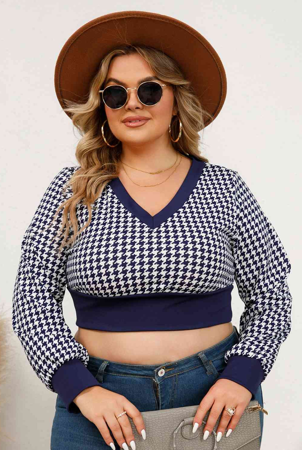 Dark Slate Gray Plus Size Houndstooth V-Neck Long Sleeve Blouse Plus Size Clothes