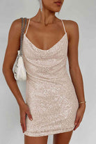 Gray Cowl Neck Contrast Sequin Sleeveless Mini Dress Holiday