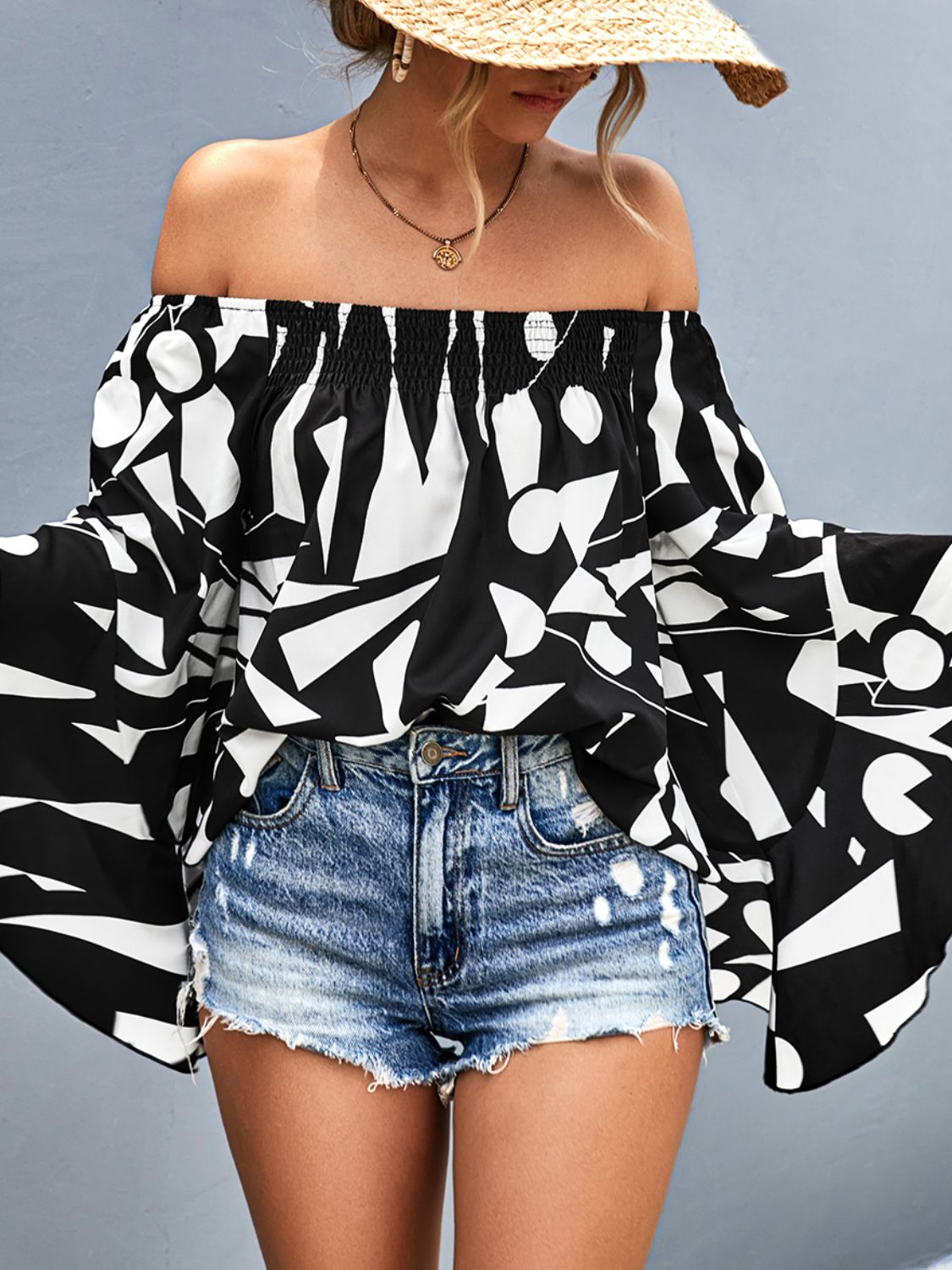 Gray Printed Off-Shoulder Bell Sleeve Blouse Tops