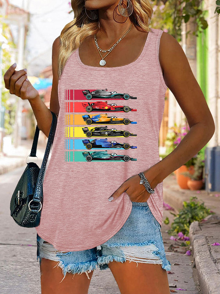 Rosy Brown Scoop Neck Race Car Graphic Tank Top Graphic Tees