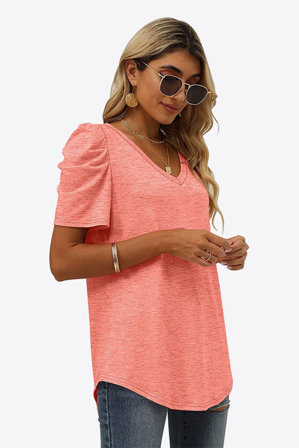 Misty Rose V-Neck Puff Sleeve Tee Tops