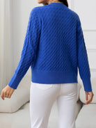 Midnight Blue Round Neck Cable-Knit Buttoned Knit Top Clothing