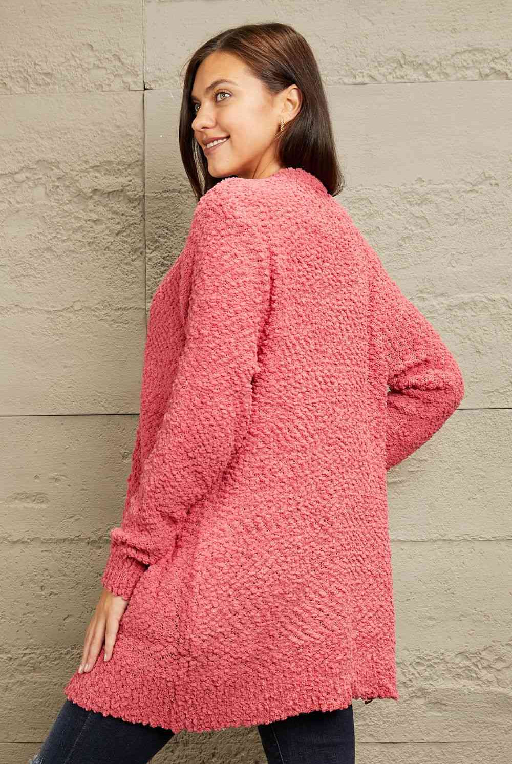 Rosy Brown Zenana Falling For You Full Size Open Front Popcorn Cardigan Clothing