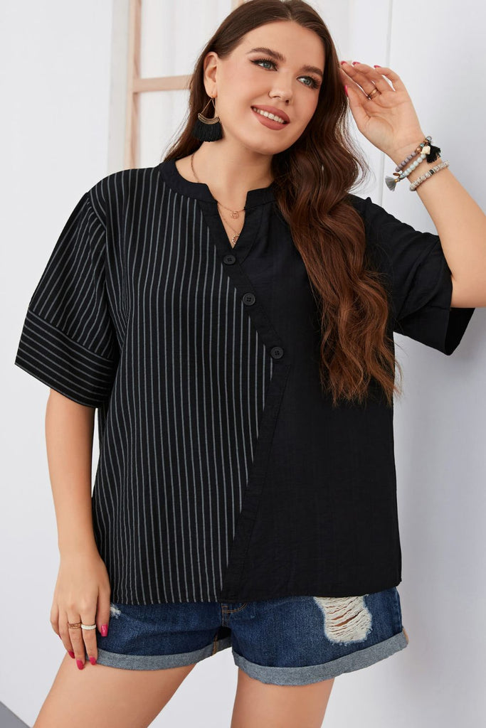 Black Plus Size Striped Notched Neck Half Sleeve Top Tops