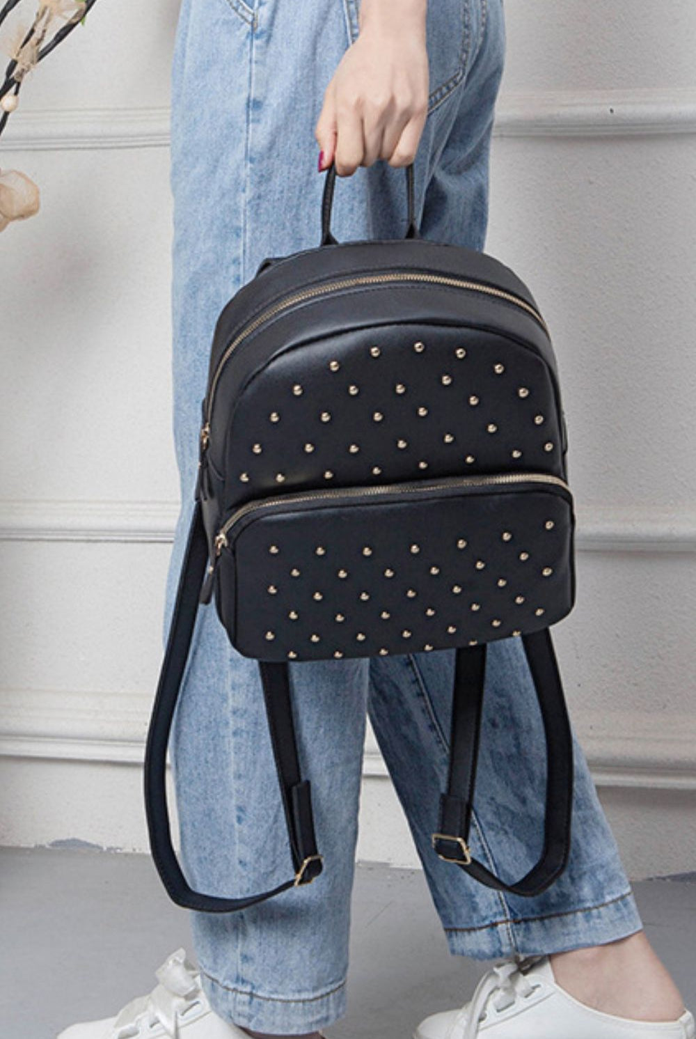 Dark Gray Studded PU Leather Backpack Handbags