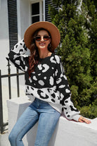 Dark Slate Gray Leopard Ribbed Trim Dropped Shoulder Sweater Shirts & Tops