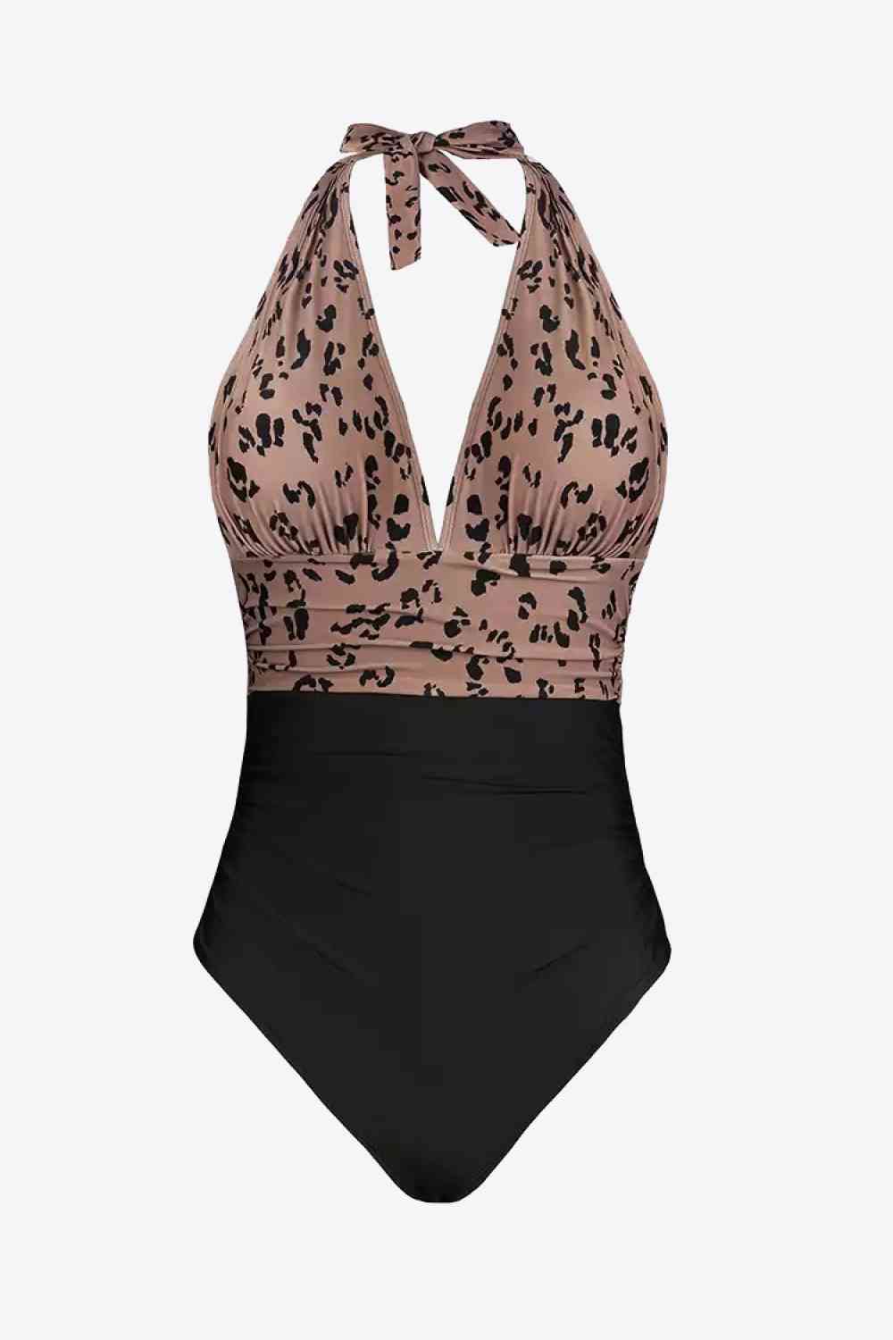 Black Leopard Halter Neck One-Piece Swimsuit Trends
