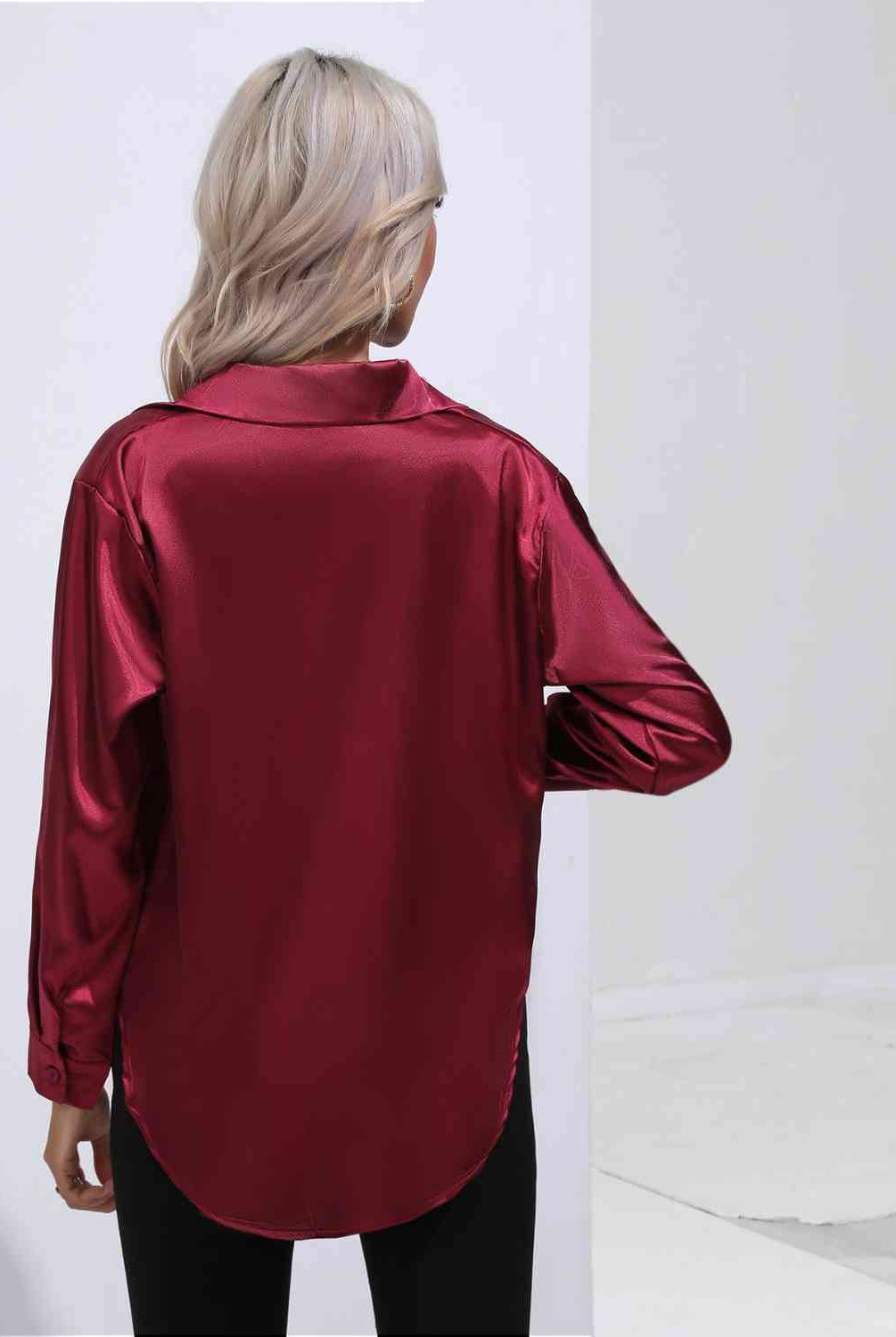 Dark Red Collared Neck Buttoned Long Sleeve Shirt Plus Size Clothes