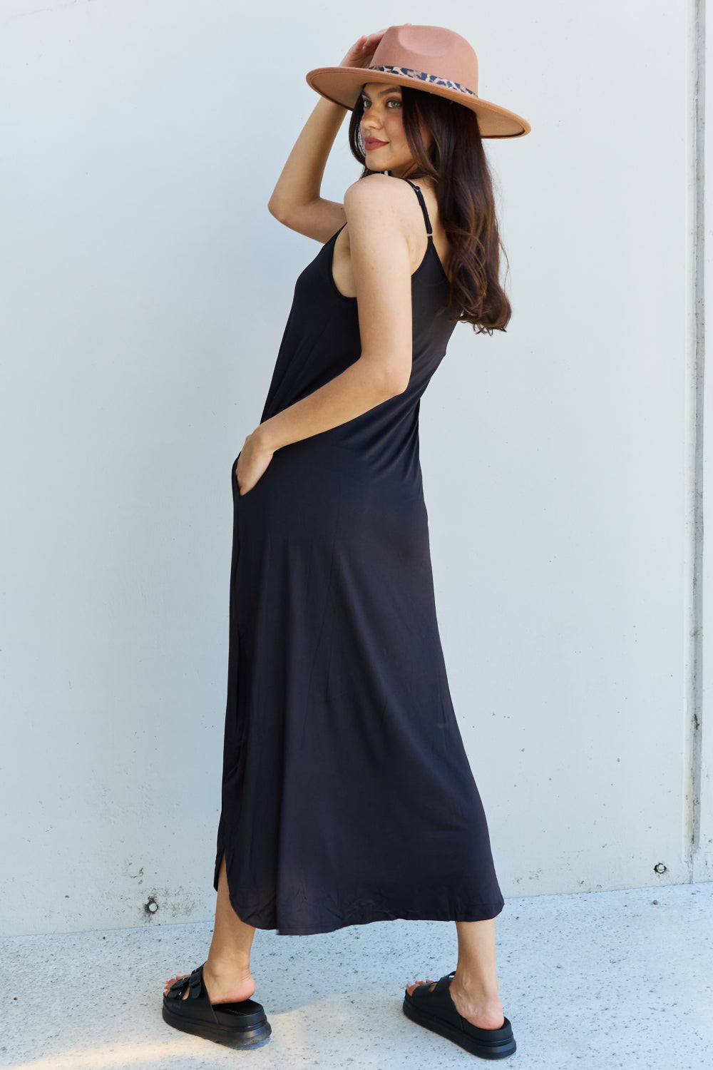 Light Gray Good Energy Full Size Cami Side Slit Maxi Dress in Black Maxi Dresses