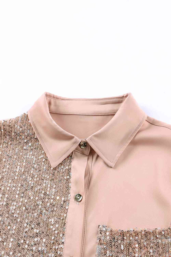 Light Pink Sequin Button Front High-Low Shirt Dress Holiday