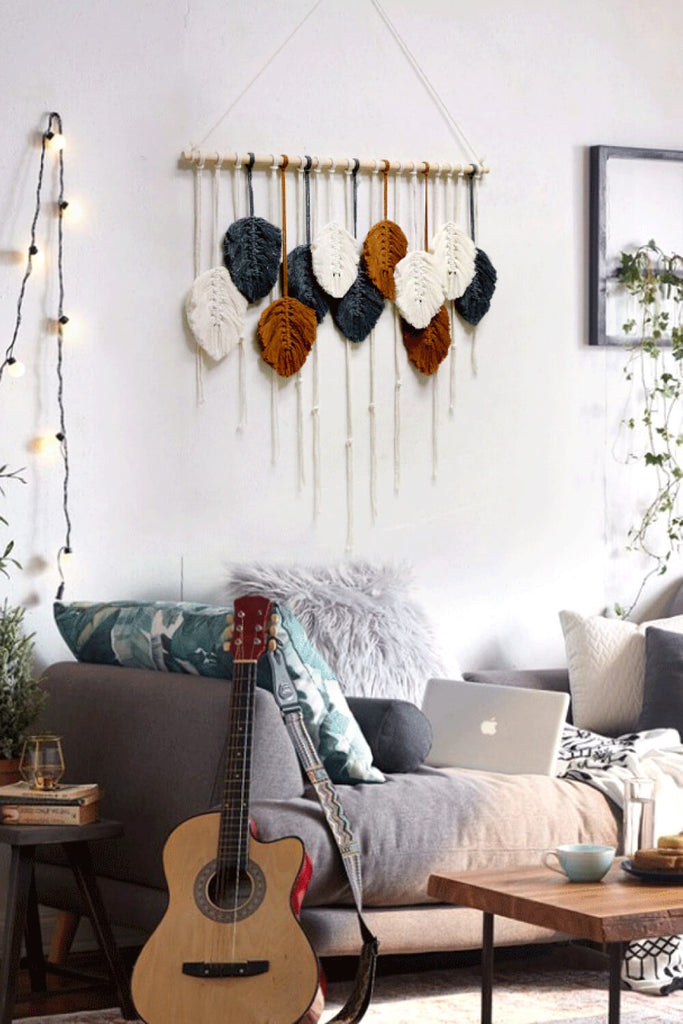 Light Gray Hand-Woven Feather Macrame Wall Hanging Home