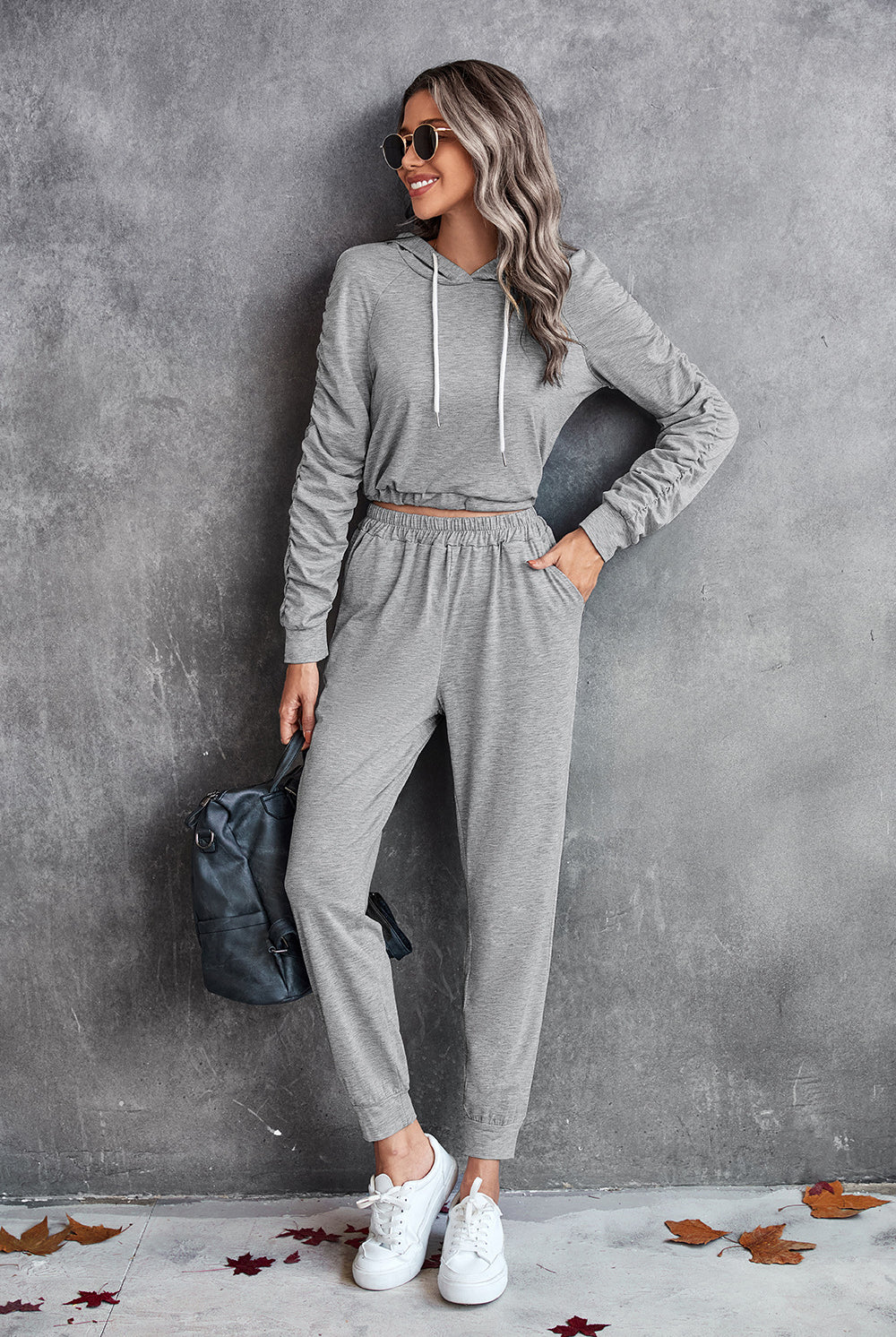 Dark Gray Ruched Raglan Sleeve Hoodie and Joggers Set Outfit Sets