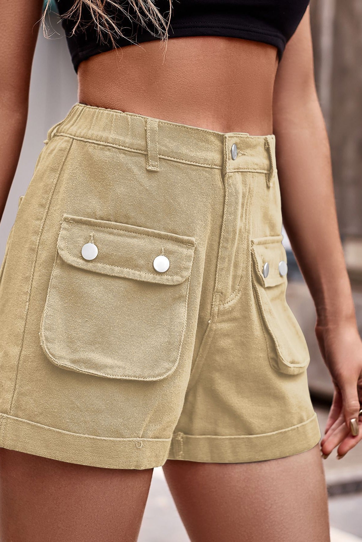 Rosy Brown Cuffed Denim Shorts with Pockets Denim