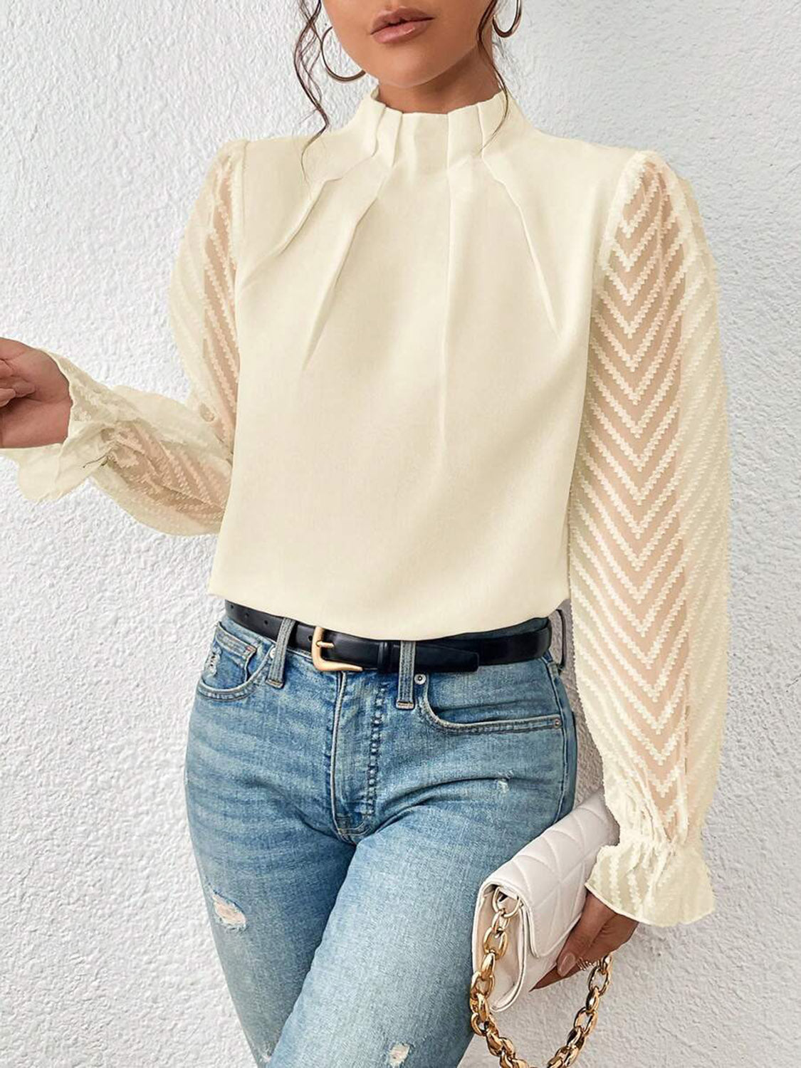 Light Gray Mock Neck Flounce Sleeve Blouse Clothing