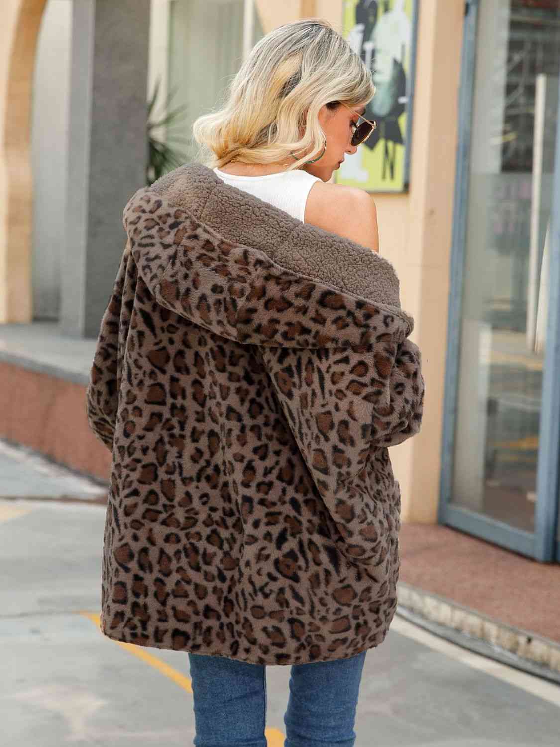 Rosy Brown Leopard Hooded Coat with Pockets Trends