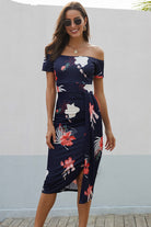 Gray Surrounded By Happiness Printed Off-Shoulder Slit Midi Dress Midi Dresses